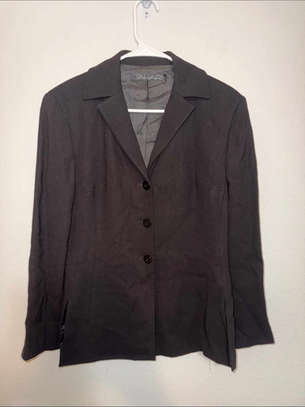 Tahari Black Three-Button Notch Collar Blazer - size 12. MM